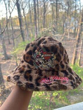Ed Hardy Love Kills Slowly Faux Fur Leopard Print Bucket Hat
